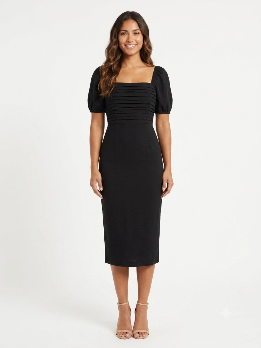 Lolita Black Square-Neck Pleated Bodice Midi Dress